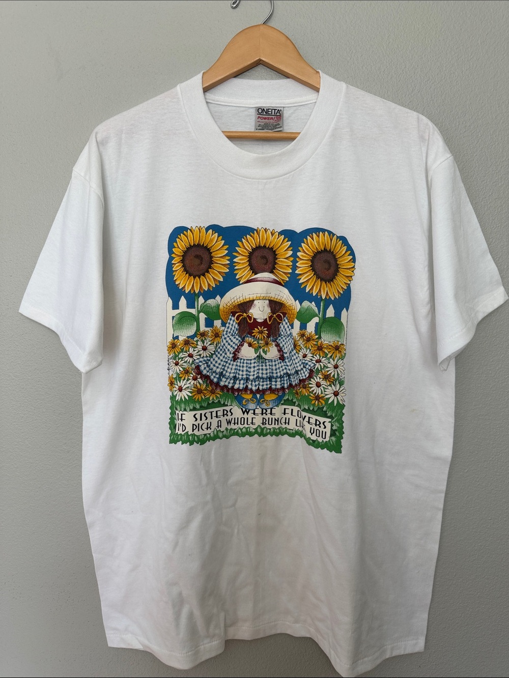 VTG‎ Oneita Single Stitch White Sunflower Graphic T‑Shirt Granny Core XL